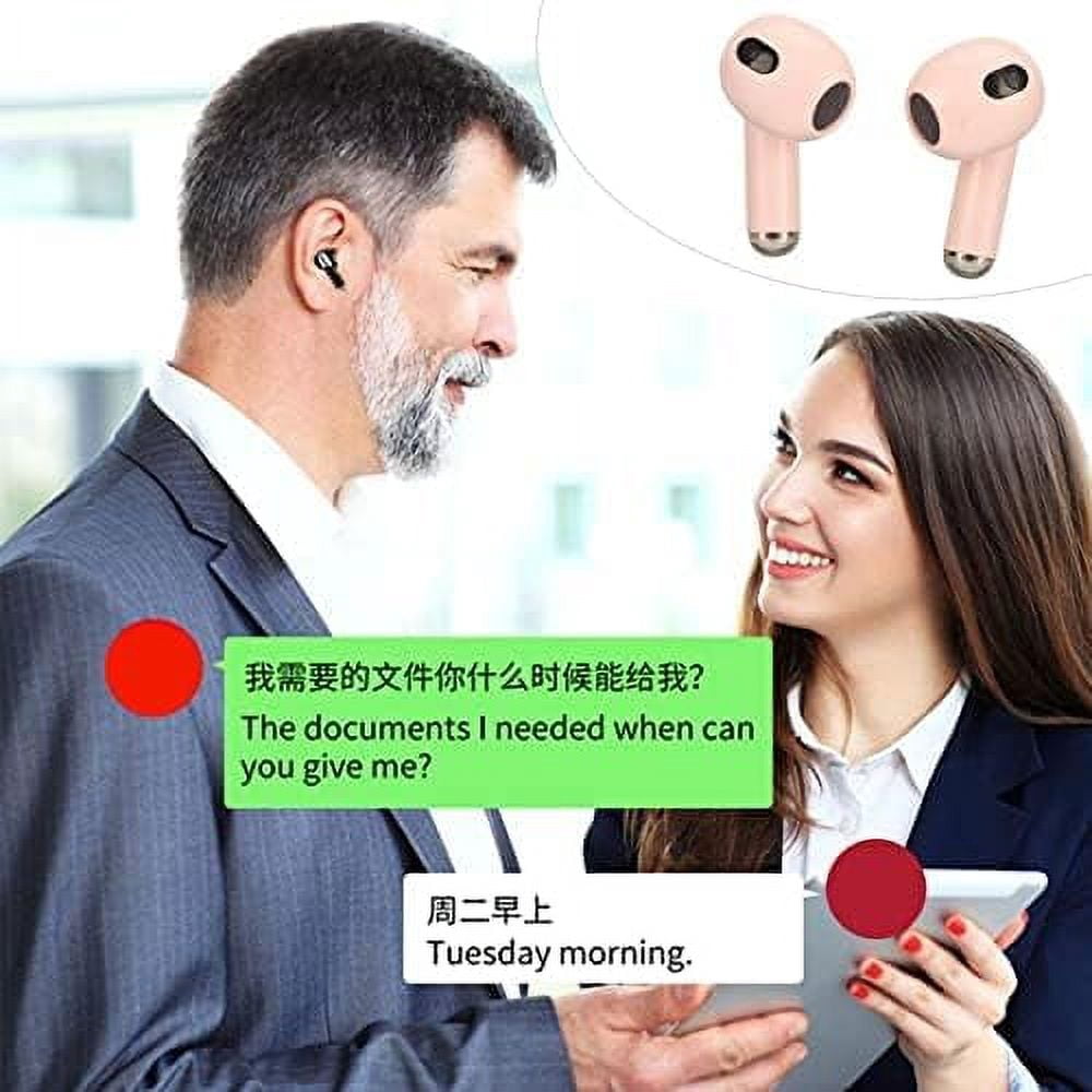 Real Time Language Translator Earbuds, Bluetooth 5.3 Denoise Translator Earphones Support 144 Languages with APP in Transparent Case for Smart Phone, Pink