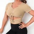 thumbnail image 7 of Youyipin Womens Tops Women's Summer Sexy Crop Top Ruched Y2K V Neck Slim Short Sleeve Casual Basic Knit T Shirt Workout Tops Khaki Spring Tops For Women, 7 of 7