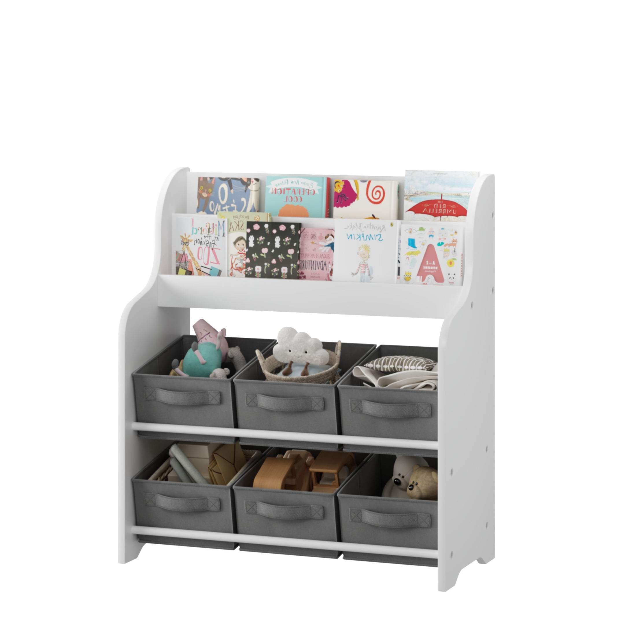Noble House Kids Bookshelf with Fabric Bins, Front-Facing Book and Toy Organizer for Nursery or Playroom, White & Gray