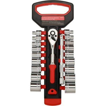 Mayouko 21PCS 3/8" Drive Ratchet Socket Wrench Set, Drive Socket Set with Shallow Sockets, 6-24mm, Extension Bar 6", Standard, 72 Tooth Quick Release Reversible 3/8" Drive Ratchet Handle, CR-V Steel