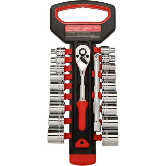 Mayouko 21PCS 3/8" Drive Ratchet Socket Wrench Set, Drive Socket Set with Shallow Sockets, 6-24mm, Extension Bar 6", Standard, 72 Tooth Quick Release Reversible 3/8" Drive Ratchet Handle, CR-V Steel