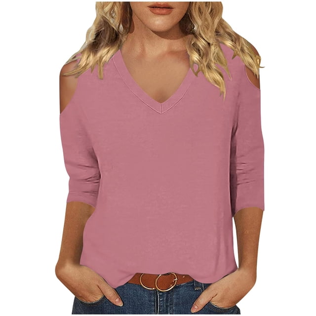 Timegard Tops for Women 3/4 Sleeve Cold Shoulder V Neck Solid Color Tee Fall Casual Loose Comfy Tops