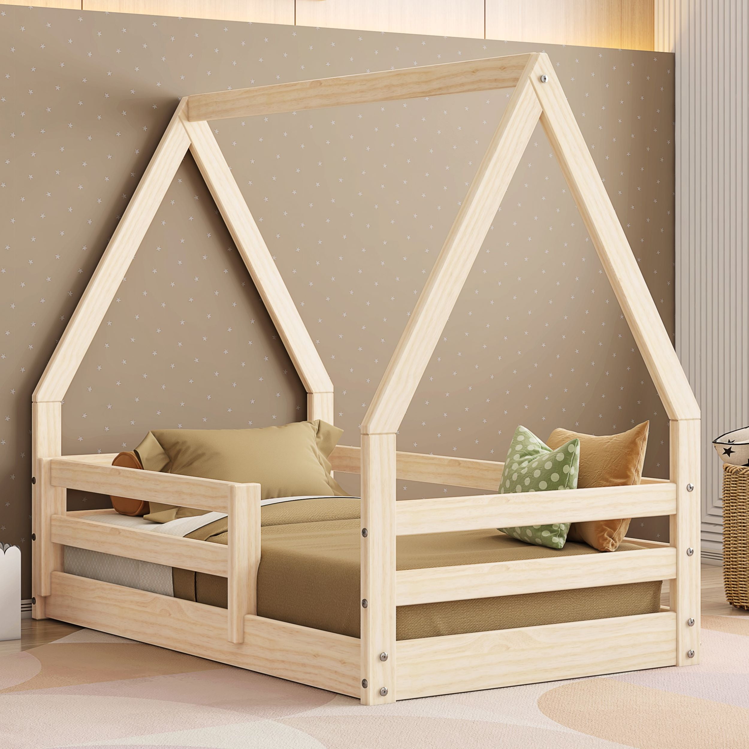 Polifurniture Lyon Toddler Bed with Roof and Built-In Guardrails