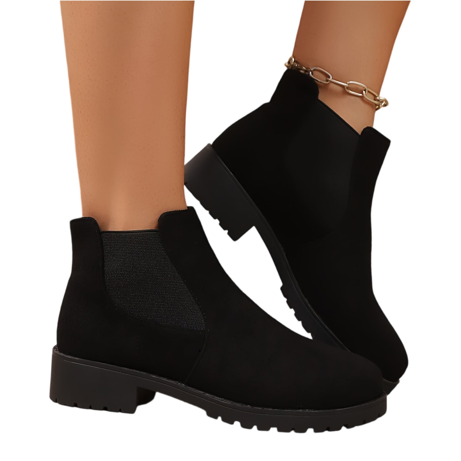 Willtoo Women's Ankle Boots Chunky Low Heels Booties Slip On Elastic Fall Short Boots Women Round Toe Casual Solid Suede Comfortable Bootie Outdoor Non-Slip Hiking Riding Boot Walking Shoes Black