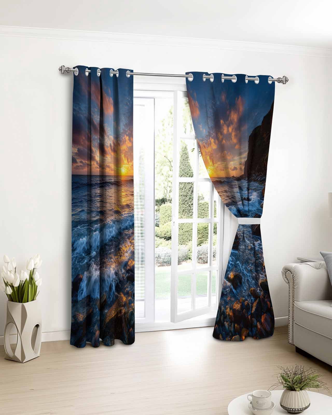 Beach Reef Blackout Curtains for Bedroom Living Room, Country Sunset Ocean Waves Reef Beach 39 In Long Thermal Insulated Room Darkening Drapes Grommet Window Treatments, 27.5 x 39 In