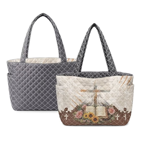 FOR U DESIGNS Book Sunflower Rose Cross Print Women's Two Tone Lightweight Quilted Tote Bag, Reversible Purse with Pockets, Double Sided Usable Large Capacity Shoulder Bag for Travel