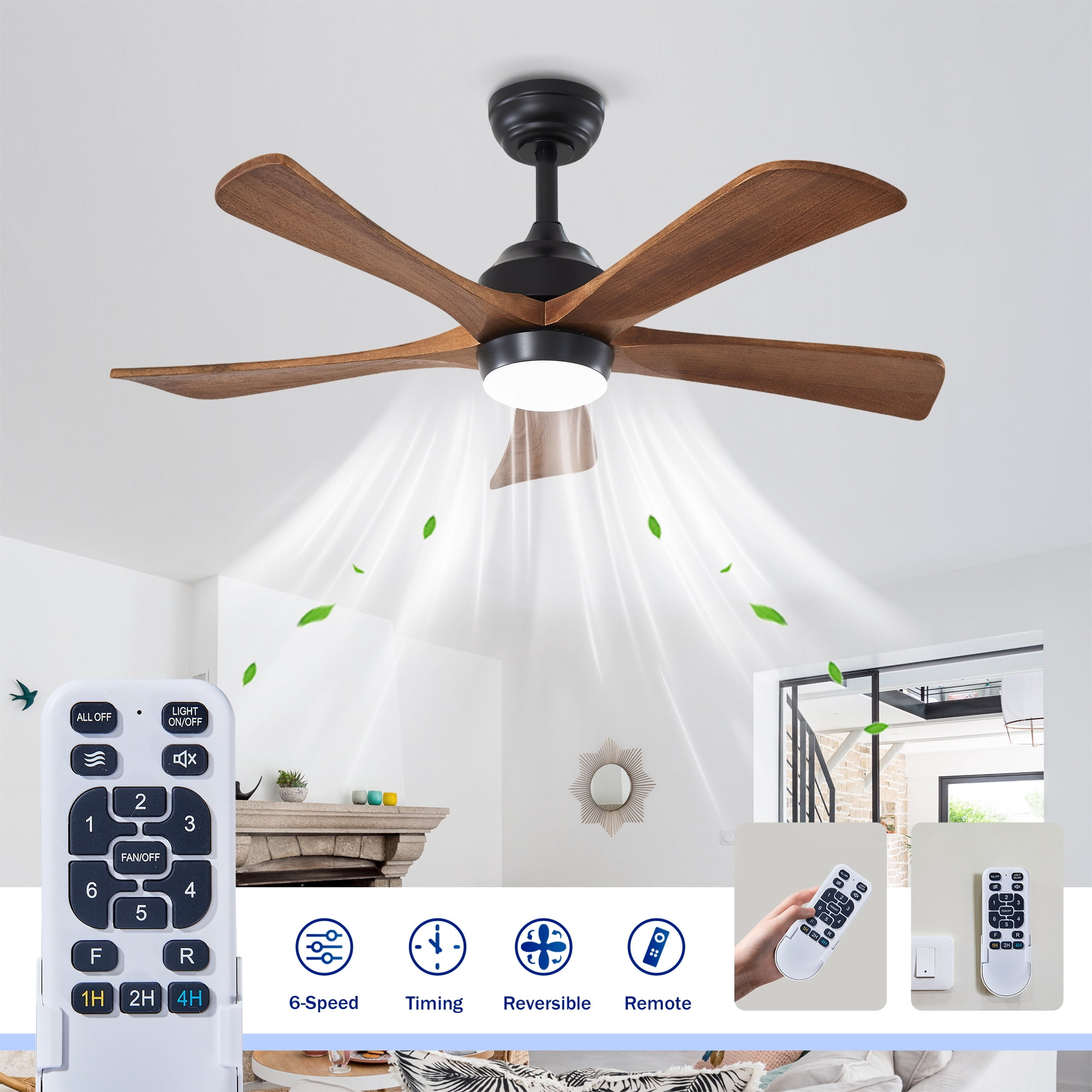 Leumius 42" Solid Wood Blades Ceiling Fan with Light and Remote Control,Quiet DC Motor 5 Blade Ceiling Fans 6 Speed Levels,Reversible for Patio Living Room Bedroom Office Black