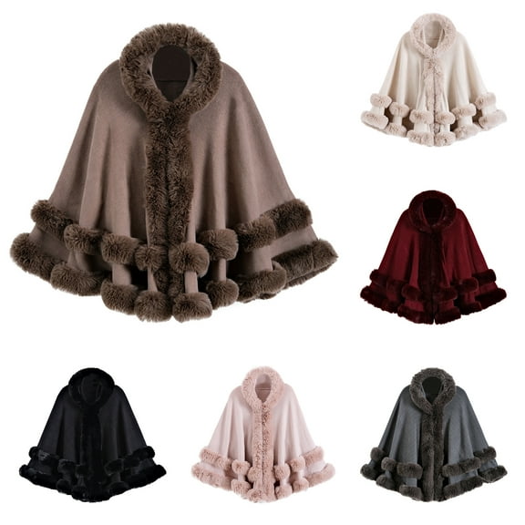 WonderWiz Poncho Hooded Shawl Wrap Women Cape Winter Faux Fur Trim Coat Sleeveless Cardigan Dressy Cloak for Party Wine One Size