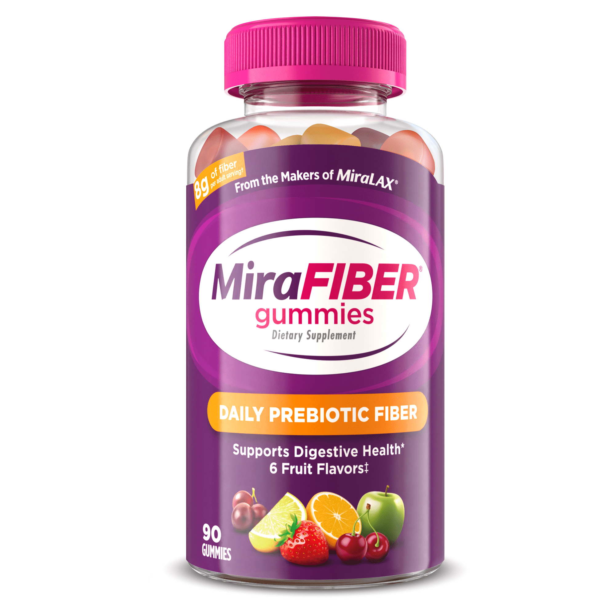 MiraFIBER Daily Prebiotic Fiber Gummies, From The Makers of MiraLAX, 8g Per Adult Serving, Gut Health with Prebiotic Fiber, Gummies for Adults & Children 4+, Mixed Fruit Flavor, 90 Count
