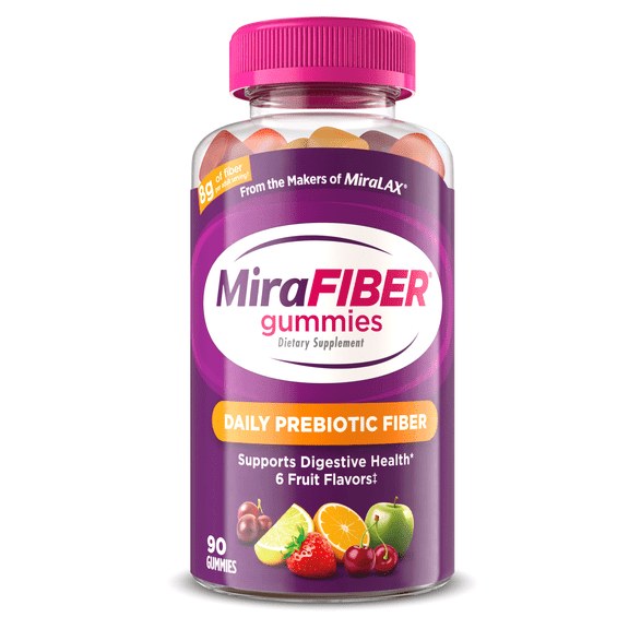 MiraFIBER Daily Prebiotic Fiber Gummies, From The Makers of MiraLAX, 8g Per Adult Serving, Gut Health with Prebiotic Fiber, Gummies for Adults & Children 4 , Mixed Fruit Flavor, 90 Count