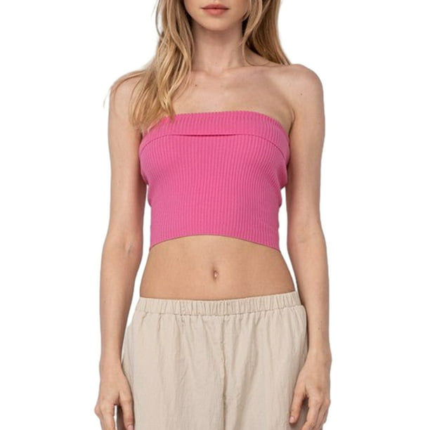 Blusa Mangas Largas Top Mujer Y2k Tube Crop Jersey Acanalado Bandeau Summer Tops Kuymtek Rosa T M para Mujer