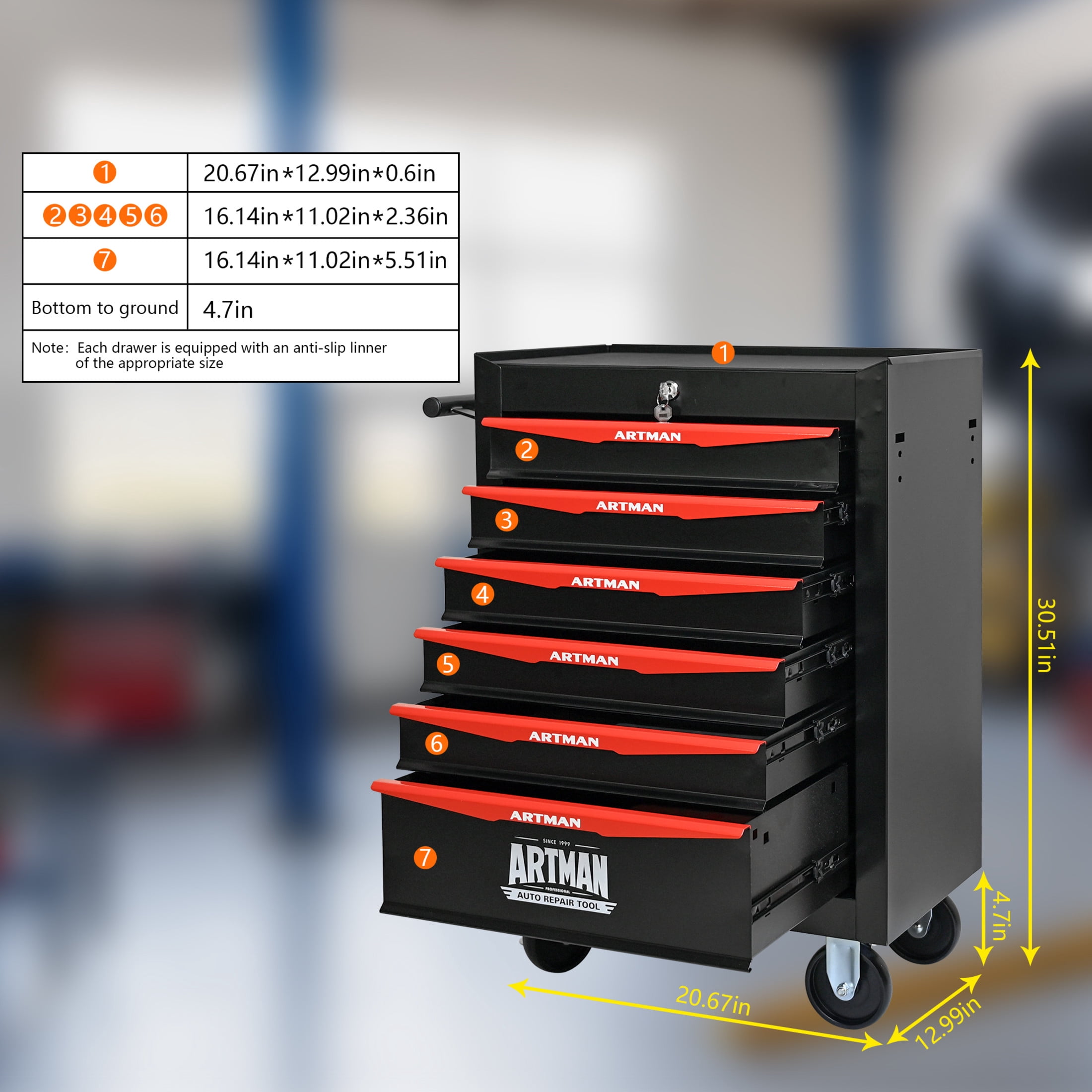 Noble House 6-Drawer Mobile Steel Tool Organizer with Key Lock, Ball Bearing Slide Storage Cabinet Box, Black