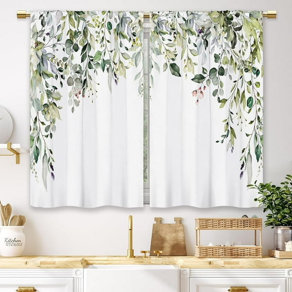 Sage Mint Green Eucalyptus Leaves Kitchen Curtains Botanical Floral Plant Small Short Cafe Window Curtains Flower Herb Bathroom Window Drapes Treatment Tier Curtains 2 Panels (27.5x39 Inch)