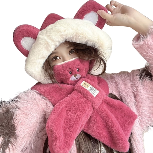 Clinaoy - Gorro de invierno con orejas de oso para mujer, adorable, súper suave, grueso, resistente al frío, de felpa, con protector facial