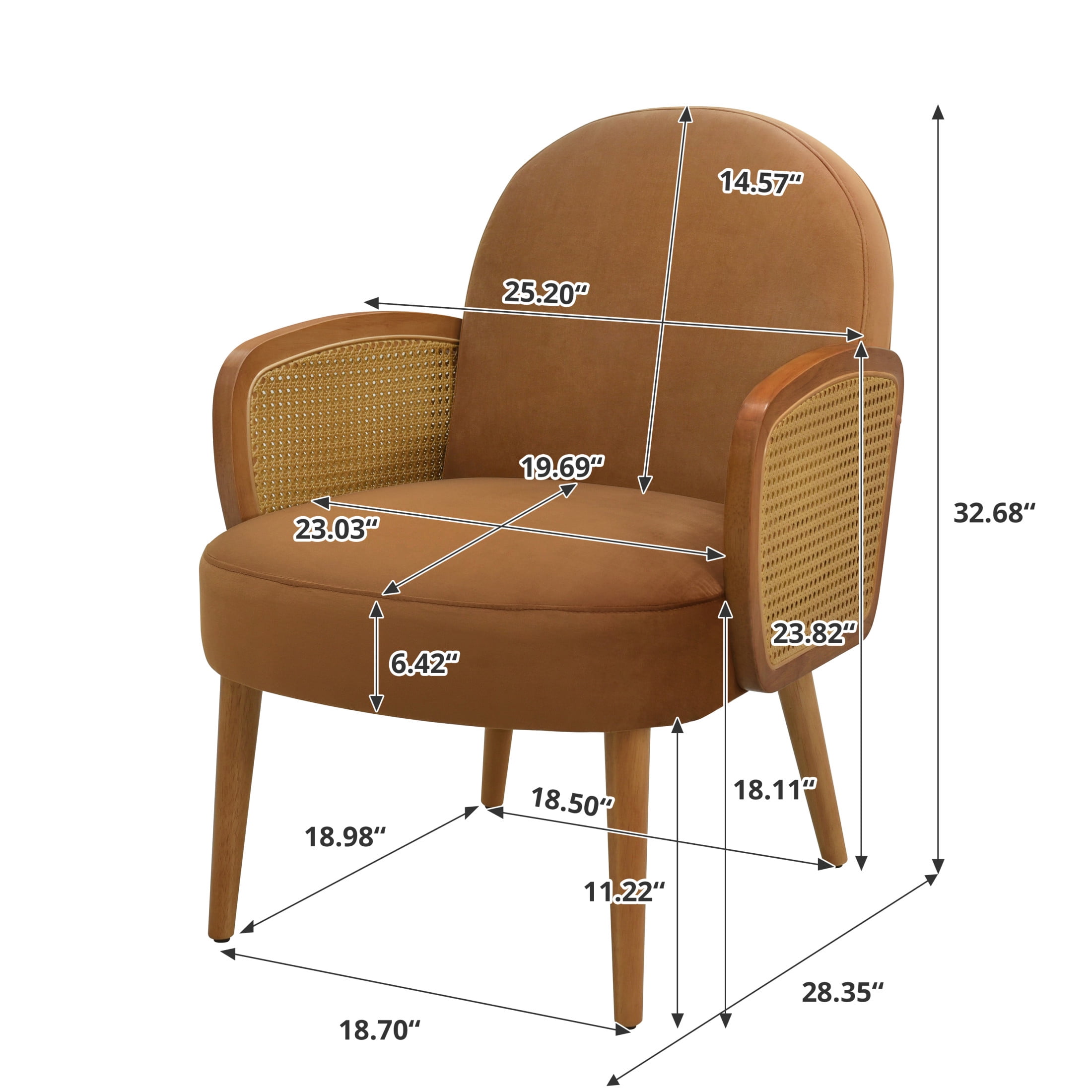 Christopher Knight Home Miles Mid-Century Velvet Upholstered Accent Chair with Rattan Armrests, Solid Wood Legs, Brown