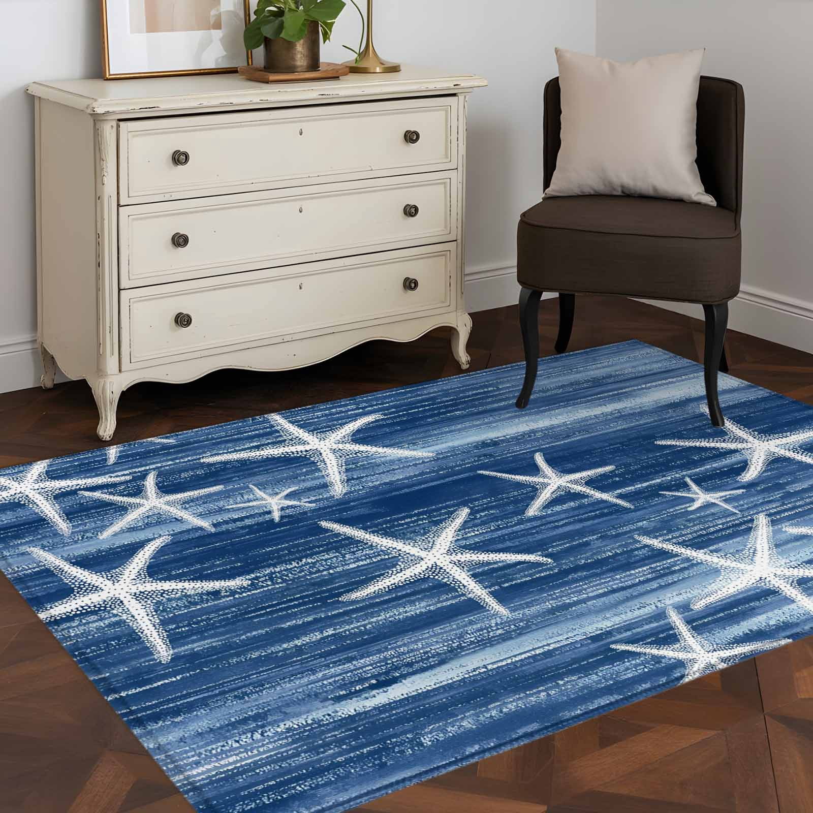 Navy Blue Coastal Area Rugs 3'x5', Washable Small Throw Rugs for Living Room Bedroom, Summer Ocean Waves Ombre Sea Starfish Indoor Outdoor Rug Non-Slip Low Pile Carpet Runner Reversible Floor Mats