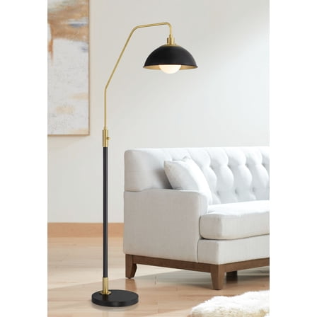 Possini Euro Design Baltar Modern 68 1/2" Tall Standing Floor Lamp Curved Arc Dimmable Black Metal Brass Finish Bedroom Dome Shade