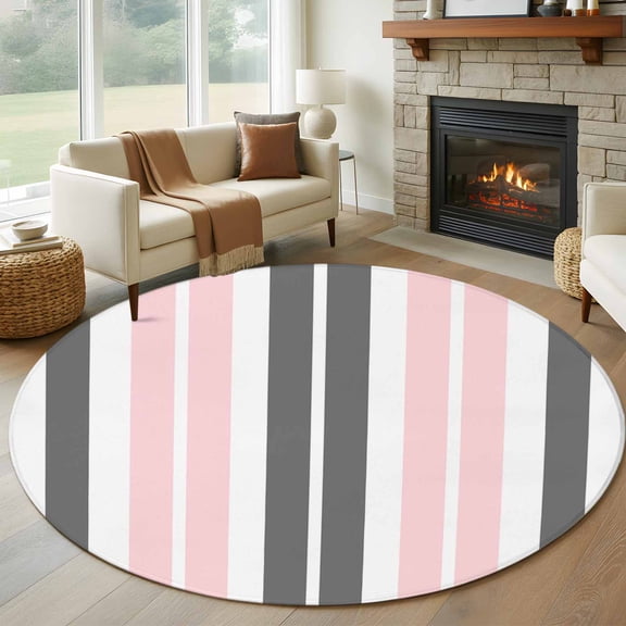 Pink Grey Striped Round Area Rug 6 FT, Non Slip Bedroom Area Rug, Gray Modern Abstract Art Washable Soft Circular Carpet Non-Shedding Floor Mat for Kitchen Dining Room Home Office Kids Room