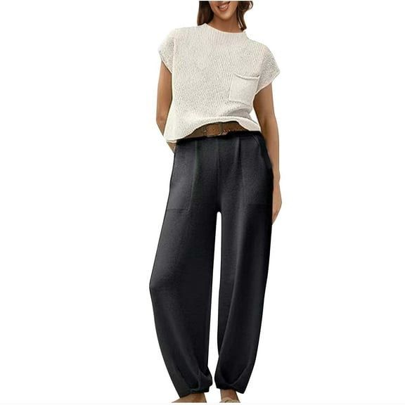 Crew Neck Cap Sleeve Tops with Wide Leg Pants Women's 2 Piece Sets Casual Loose Outfits White,XL