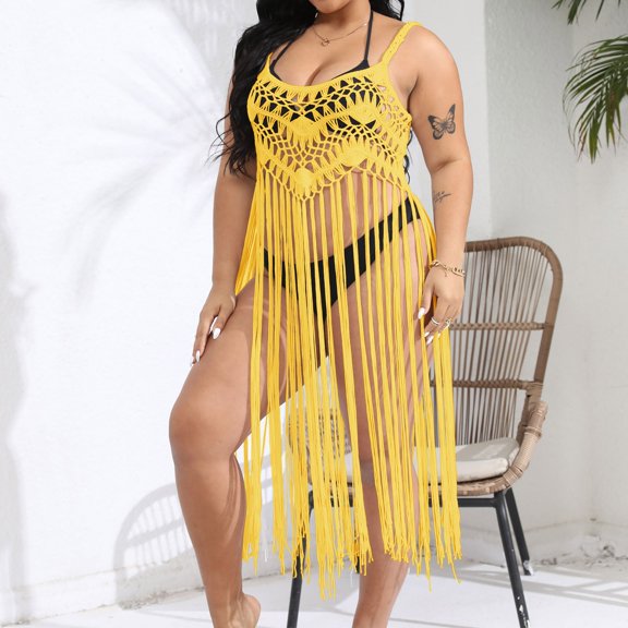 HOMBOM Cover Up for Women Tassel Dresses Plus Size Casual V Neck Ladies Beach Dress Crochet