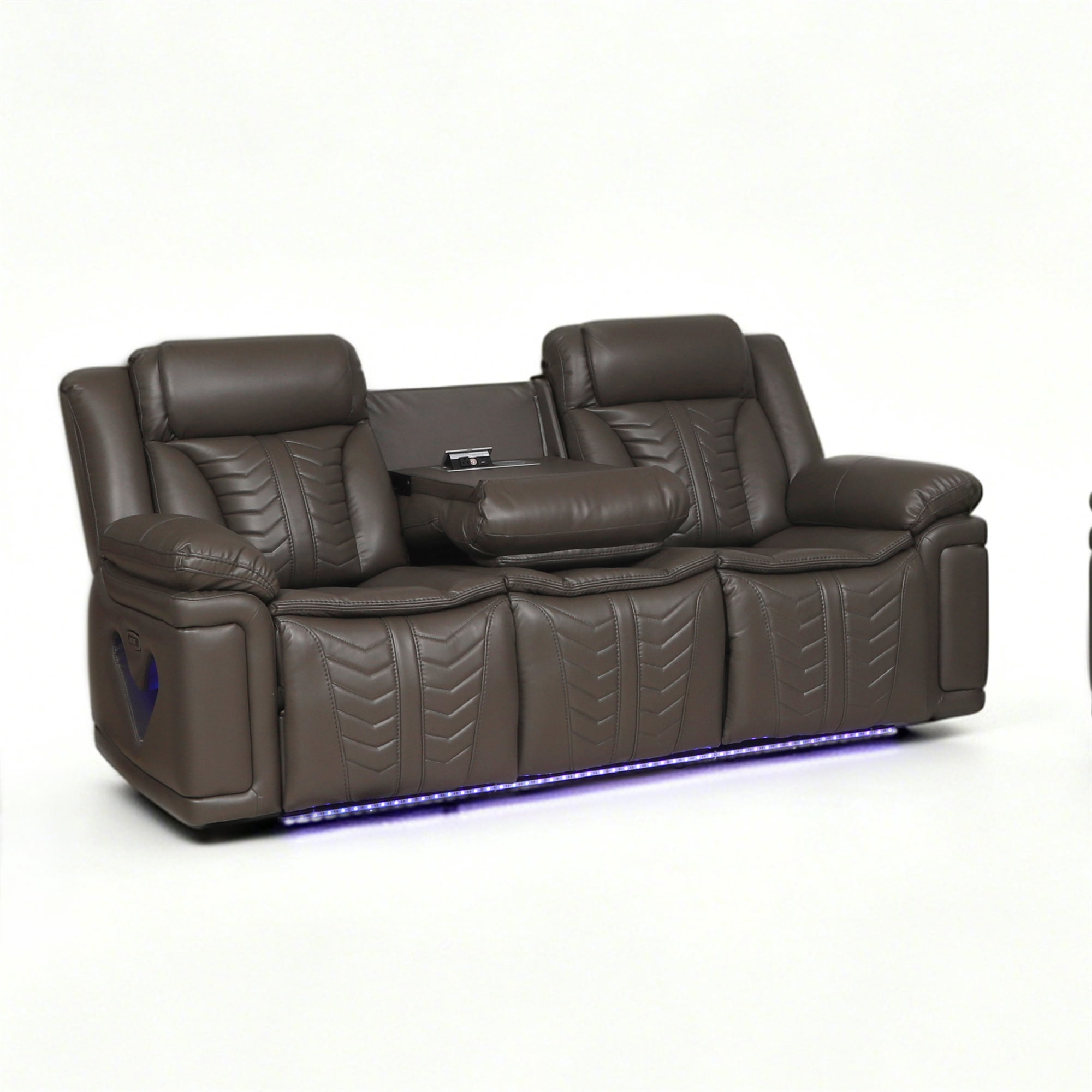 Electra Luxury Power Reclining Sofa - Dark Brown Faux Leather Motion Couch with Drop-Down Table, Wireless Charging, AC/USB/Type-C Power, and Cinematic LED Lighting