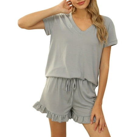 

Lumento Ladies Pajamas Sets Short Sleeve Two Piece Outfits Ruffle Sleepwear Women Soft Lounge Set Loose V Neck Nightwear Gray XXL