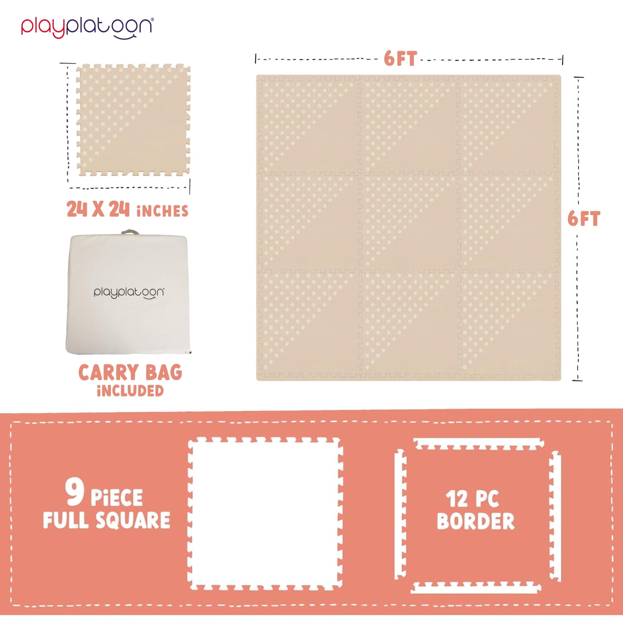 Play Platoon Large Baby Play Mat for Floor 9 Tile 72 x 72 in - Extra-Thick Interlocking Foam Tiles 24 x 24 in - Soft Puzzle Mats for Playroom - Neutral Playmat Rug for Kids - Triangle