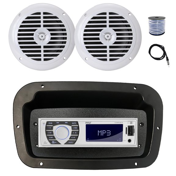 Pyle PLRMR23BTW Single DIN Bluetooth Marine MP3 Stereo Receiver, Spa bezel, Adapter Plate, 22" Radio Antenna, Wire, 2x 6.5" 120 Watt Peak Full Range Dual Cone Waterproof Stereo Speakers (White)