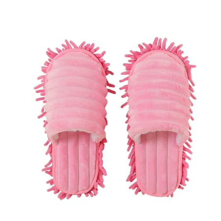 

1 Pair Furry Stripes Floor Cleaning Slippers Detachable Bottom Mopping Slipper - Size M 38-41 (Pink)