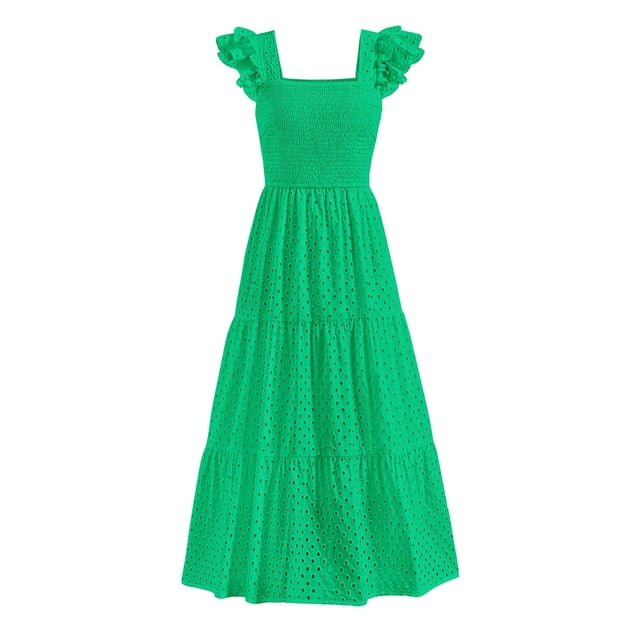 Vestido largo PRETTYGARDEN para mujer, cuello cuadrado, verde fruncido, XXL