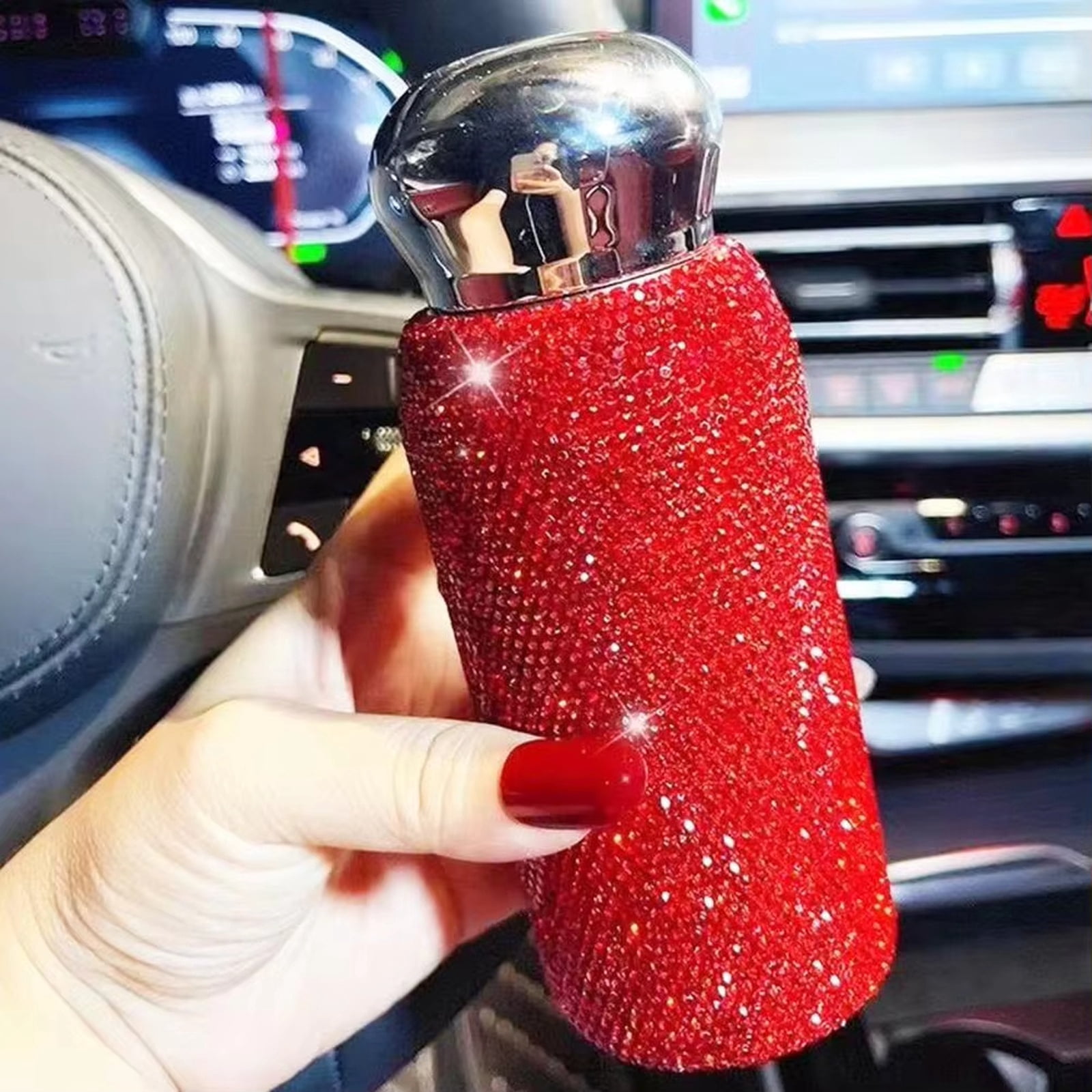 Rhinestone Covered Red Water Bottle, Stainless Steel Insulated Water Bottle, Slim, Travel Use, Car Cup Holder Compatible, 1 Pc