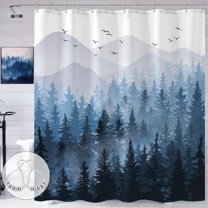 Blue Misty Forest Shower Curtain Ombre Light Navy White Waterproof Fabric Shower Curtains for Bathroom Nature Pine Tree Mountain Woodland Decorative Bath Curtain with Decor (72'''' × 72'''')