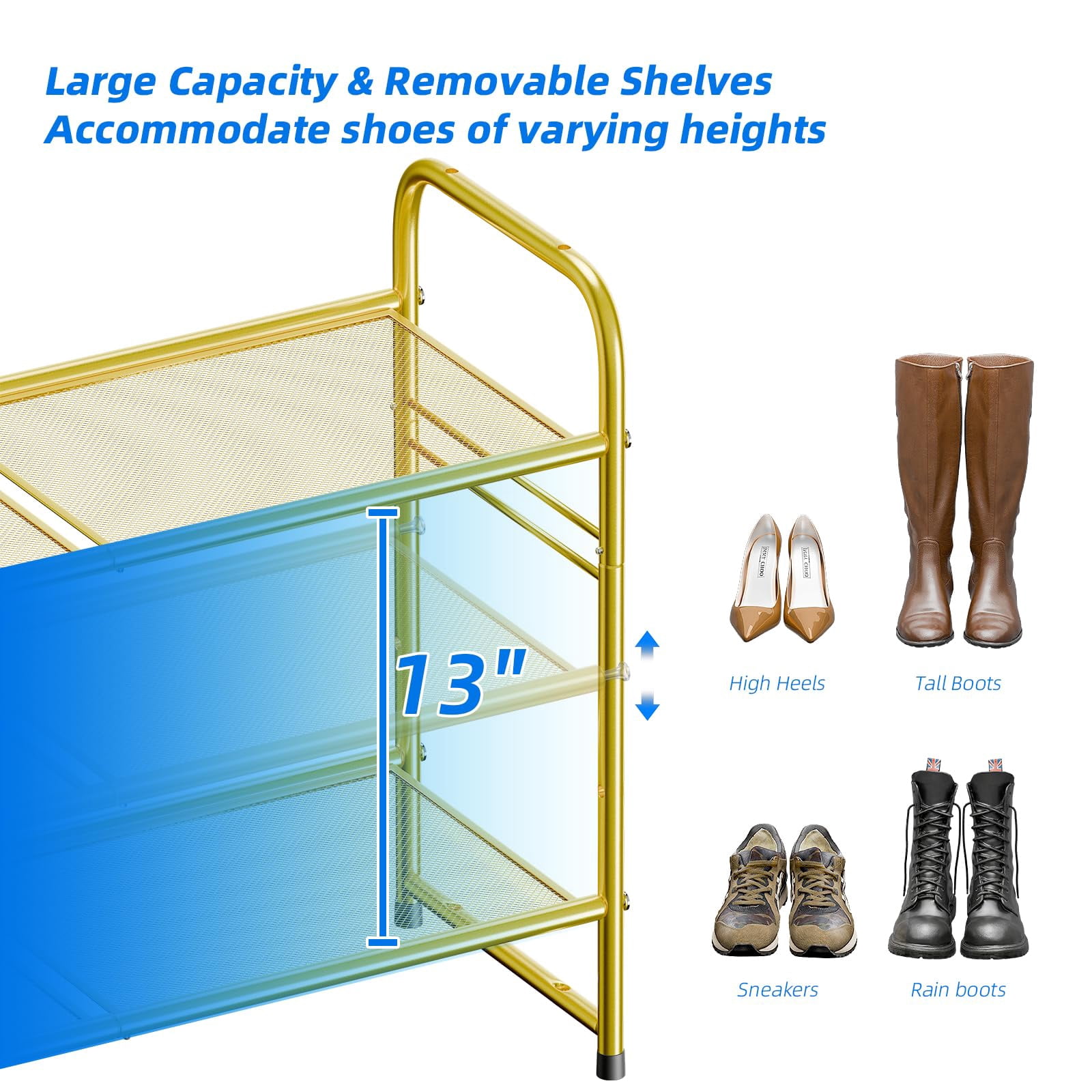 SUFAUY 3-Tier 33" Wide Shoes Rack Stackable, Metal Mesh, Gold