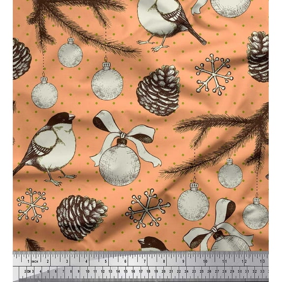Soimoi Orange Cotton Duck Fabric American Robin, Baubles Christmas Decor Fabric Printed BTY 42 Inch Wide
