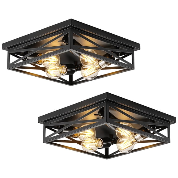 2 Pack Flush Mount Ceiling Light, Modern Farmhouse Light Fixture,Industrial Square Metal Cage Ceiling Light for Kitchen, Hallway E26 Base(13in)