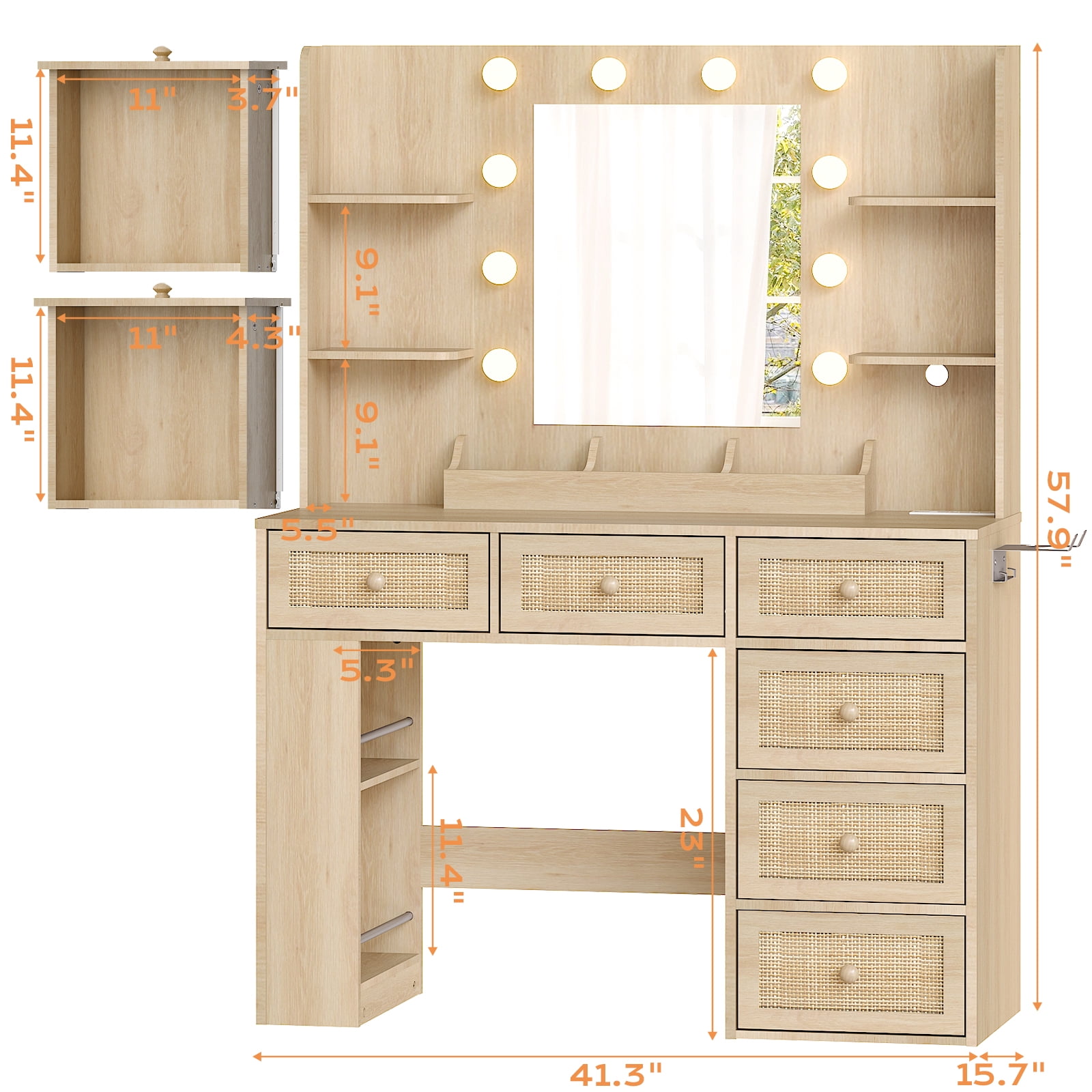 Ktaxon Lighted Makeup Vanity with 6 Drawers, Get Ready with Me Vanity Table Set w/ Charging Station, Side Rack, Wood Color