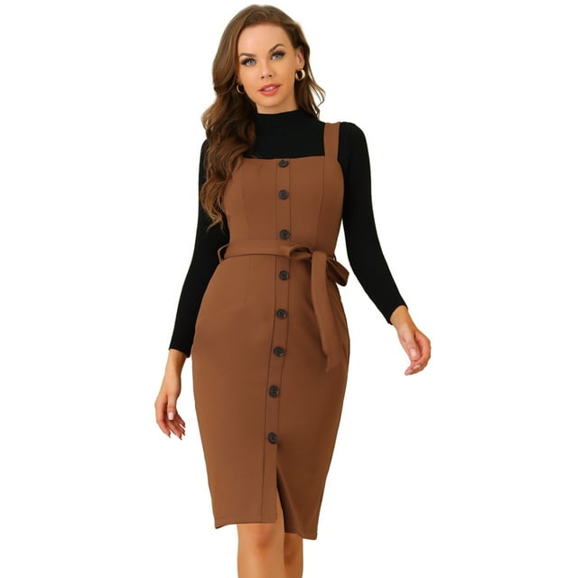 INSPIRE CHIC Robe Salopette pour Femmes Bouton avant Nœud à la Taille Ajustée Robe Crayon Marron Foncé TP