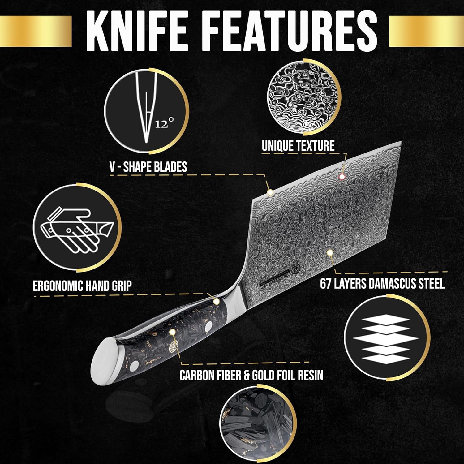 Elite Series 7-Inch Meat Cleaver Knife –Damascus Steel VG10 Core Carbon Fiber Handle with Dual Sheath Polymer & Leather | Butcher Knife for Meat Cutting & Chopper (Cleaver Knife with Leather Sheath)