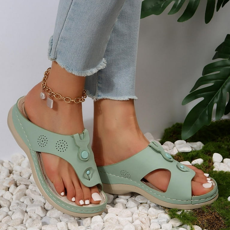 Cethrio Womens Summer Comfort Flats Sandals- Flat Beach Slides Sandal Flip  Flops Footbed Wedge on Clearance Wide Width Green Dressy Sandals/ Slides