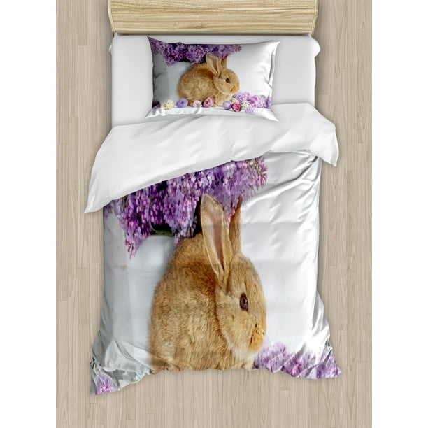 Easter Bunny Duvet Cover Set Twin Size, Photo of Beautiful Rabbit with Lilac Flowers and Easter