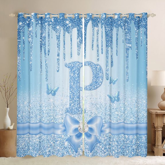 Manfei Letter Monogrammed P Black Out Curtains for Kids Children Girls,Dreamy Princess Curtains Pack of 2 (42x63 Each),Cute Butterfly Bowknot Bedroom Curtains,Bling Glitter Bedroom Decor