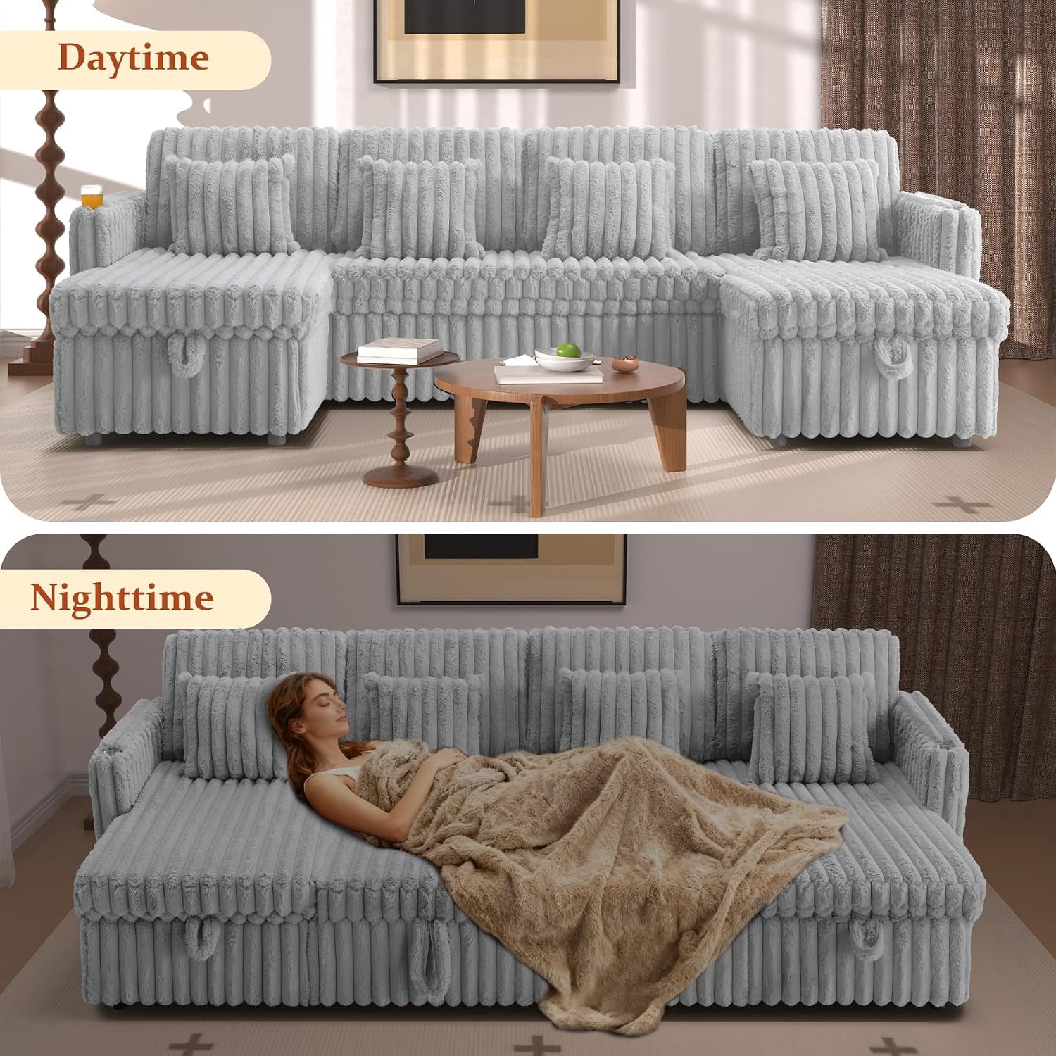 Howcool 107" U Shaped Sectional Sleeper Sofa, Pull Out Couch with Storage Chaise, Adjustable Backrest, USB Charger, Cup Holders & Side Pockets, Corduroy Sofa Bed for Living Room, Light Gray