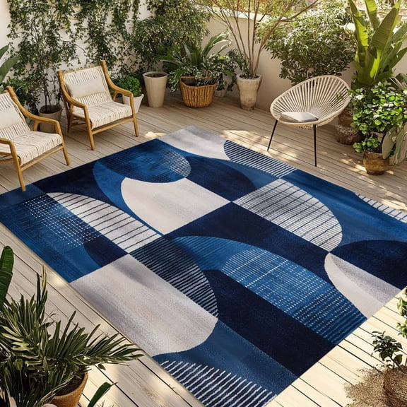 Fsddascl Blue Abstract Art Outdoor Rug for Patio/Deck/Porch, Non-Slip Large Area Rug 4 x 6 Ft, Black Navy Blue Geometric Indoor Outdoor Rugs Washable Area Rugs, Reversible Camping Rug Carpet Runner