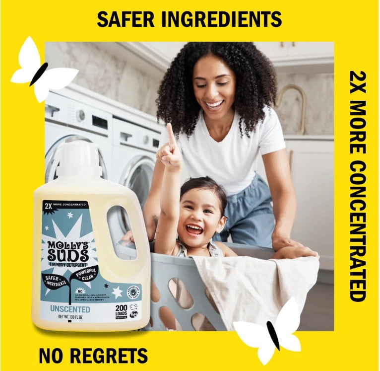 Molly's Suds 2x Concentrated Liquid Laundry Detergent for Sensitive Skin, 90 Loads, (Unscented)