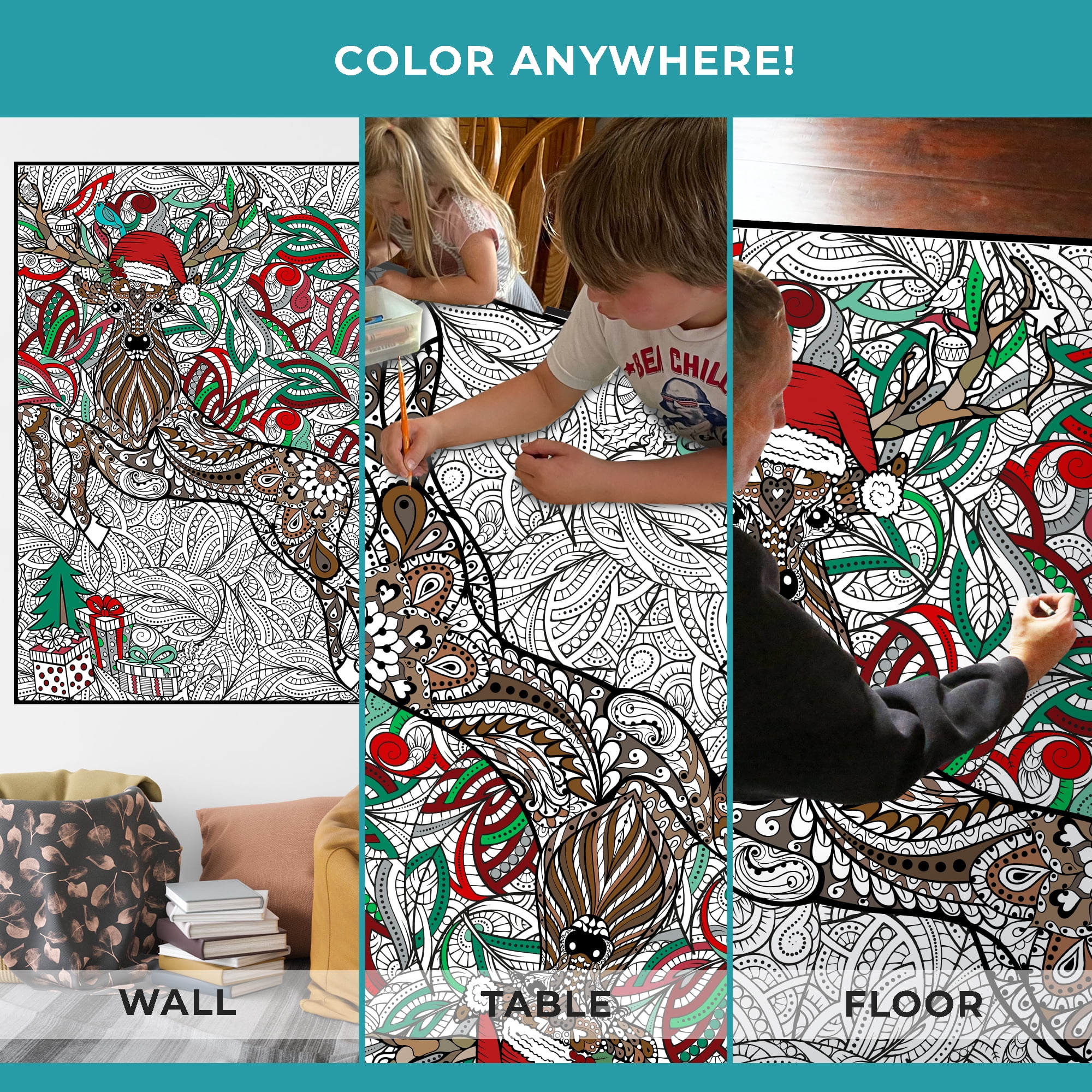 Giant Coloring Poster - Premium Jumbo Coloring Sheets for Kids & Adults with Thick Bleed-Resistant Pages, Use on Floor, Wall, or Table, Use with Alcohol Based Markers (30” x 42”, Christmas Deer)