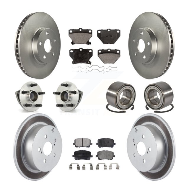 Transit Auto Front Rear Wheel Hub Bearing Assembly Coated Disc Brake Rotor and Ceramic Pads Kit (10Pc) for Car Toyota Matrix Pontiac Vibe FWD with Non-ABS Left Right Side (Driver Passenger) KBB-108353