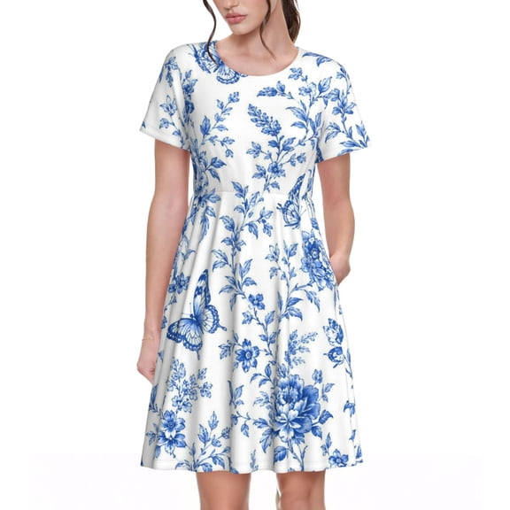 Blue Butterfly Floral Dresses Short Sleeve Nightdresses for Women