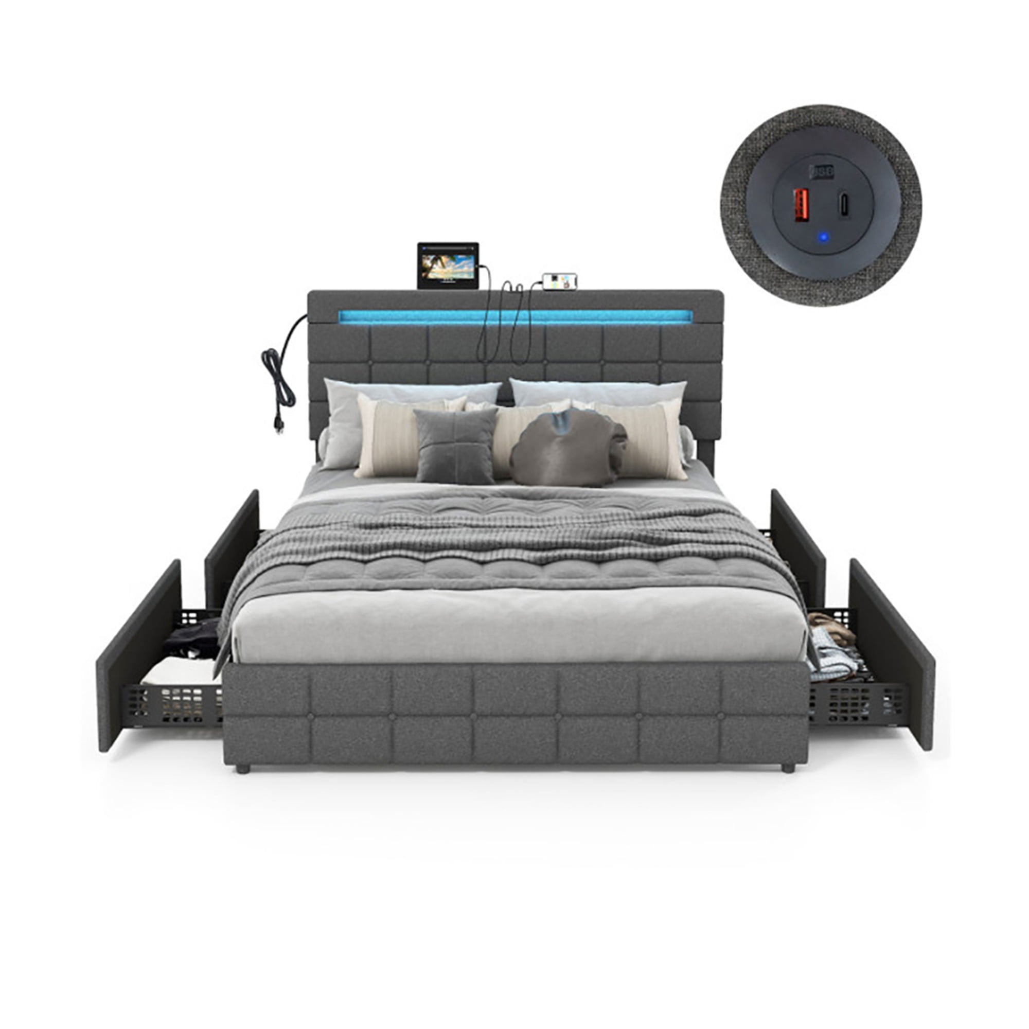 Kadyn Upholstered Queen LED Bed Frame with Headboard and 4 Drawers-Queen Size