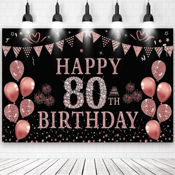 80th Happy Birthday Rose Gold Theme Backdrops Banner Birthday Party Decor Supplies,5.9x3.6ft