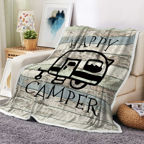 Happy Camper Blanket, Rv Blankets Flannel Fleece Plush Sofa Cozy for Adult Kids 50X60 Inches